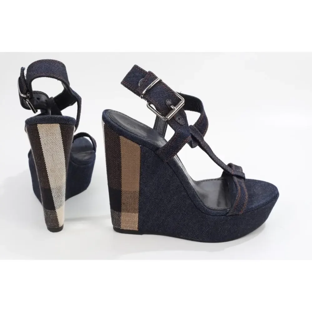 Burberry Navy Denim Buckle Ankle T-Strap Wedge Sandals Designer Shoes Size 38.5 - Picture 10 of 16